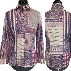 Etro Bandana Paisley‎ Print Purple White Button Up Blouse Art to Wear 42 US M